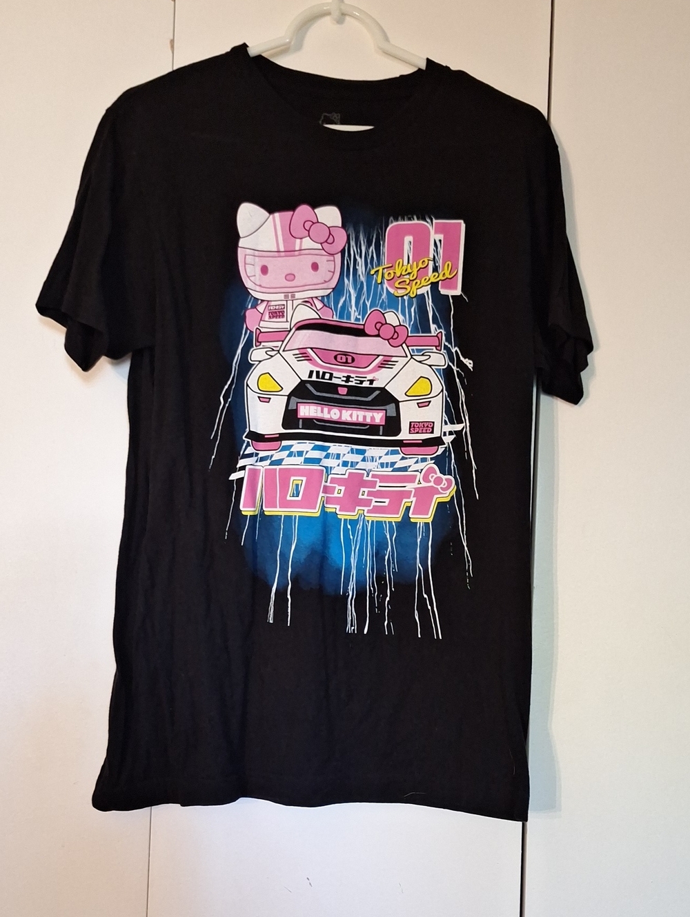 Hello Kitty Black Tee with Pink Racing Graphic
